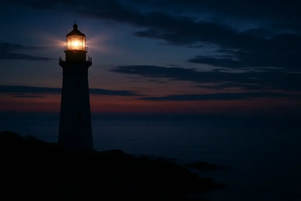 Lighthouse glowing at dusk on a rocky coastline, with a calm ocean and dramatic sky in the background.